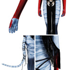 Varang costume detail collage showing the printed glove palm, long waist fringe, striped tail and arm fringe