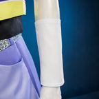 Close-up of Riku white forearm cuff on a mannequin beside the purple trousers