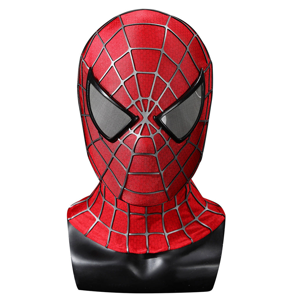 Front view of the 2002 Spider-Man mask with raised gray web lines and black eye frames