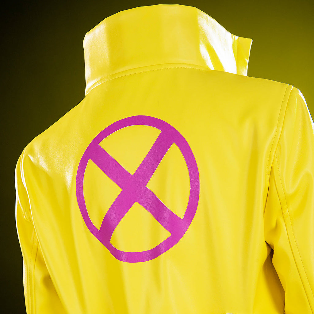 Close-up of the large pink X emblem on the back of the Jubilee yellow cosplay coat