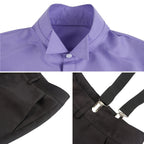 Floyd Leech costume detail collage showing the purple shirt collar, trouser pocket and suspender clips