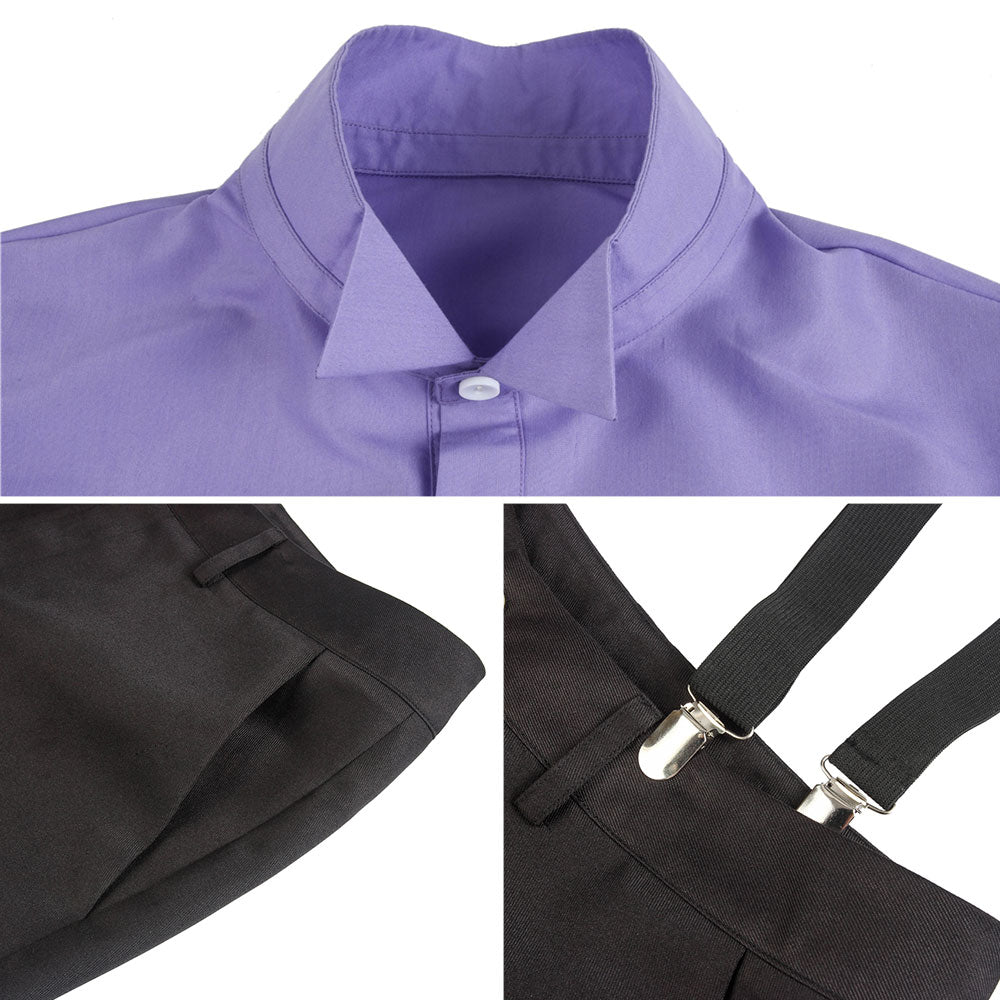 Floyd Leech costume detail collage showing the purple shirt collar, trouser pocket and suspender clips