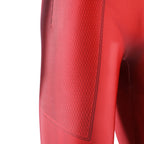 Close-up of the red printed thigh panel and dark outlined pattern on Scarlet Spider II cosplay suit