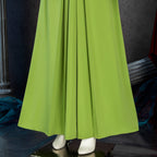 Lower skirt detail of the Keyleth light green cosplay dress showing the long folds and stitched hem