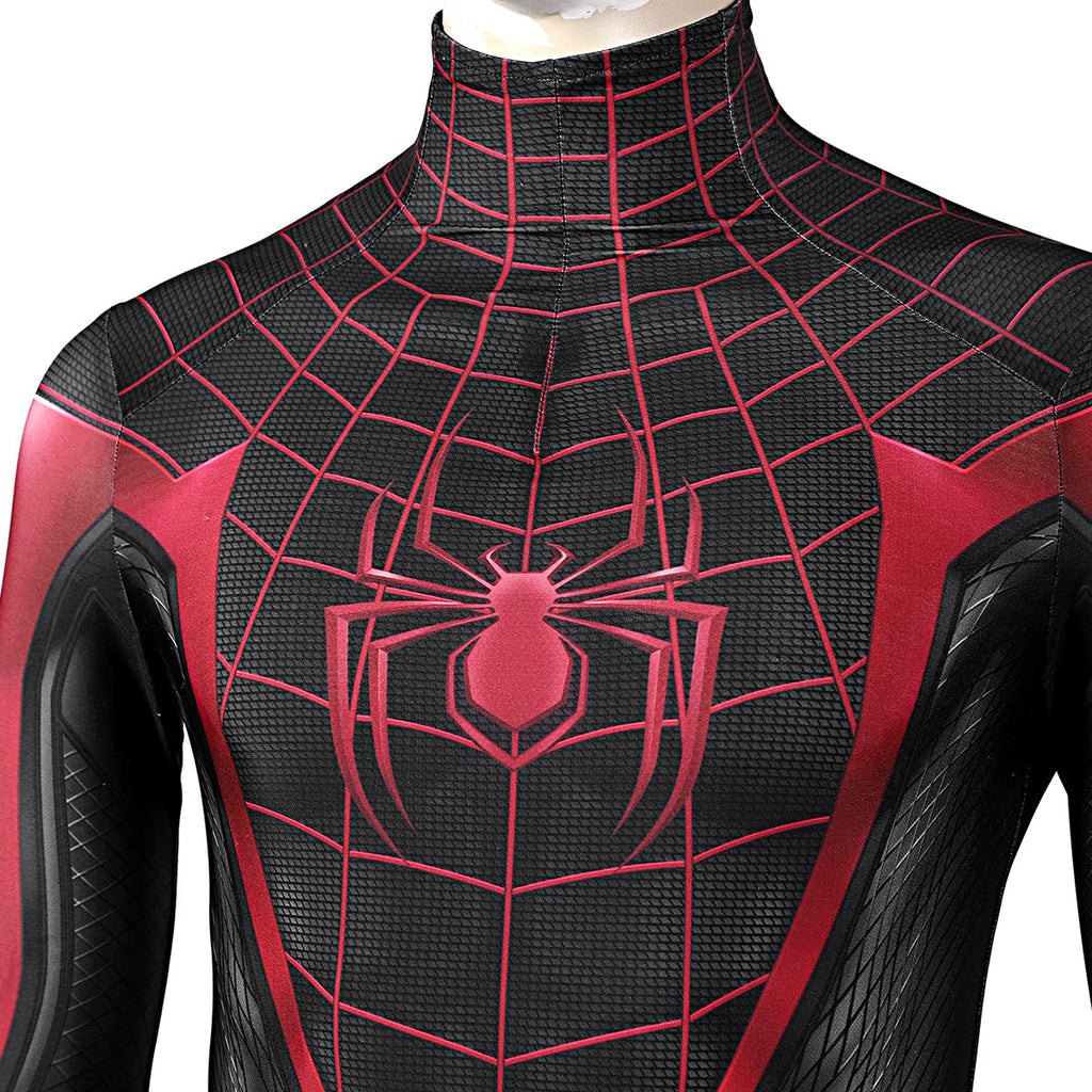Miles Morales suit chest close-up showing the red spider emblem, web pattern and high collar
