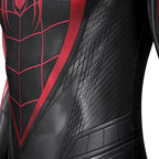 Side torso detail of the Miles Morales suit showing black diamond-patterned panels and a red border