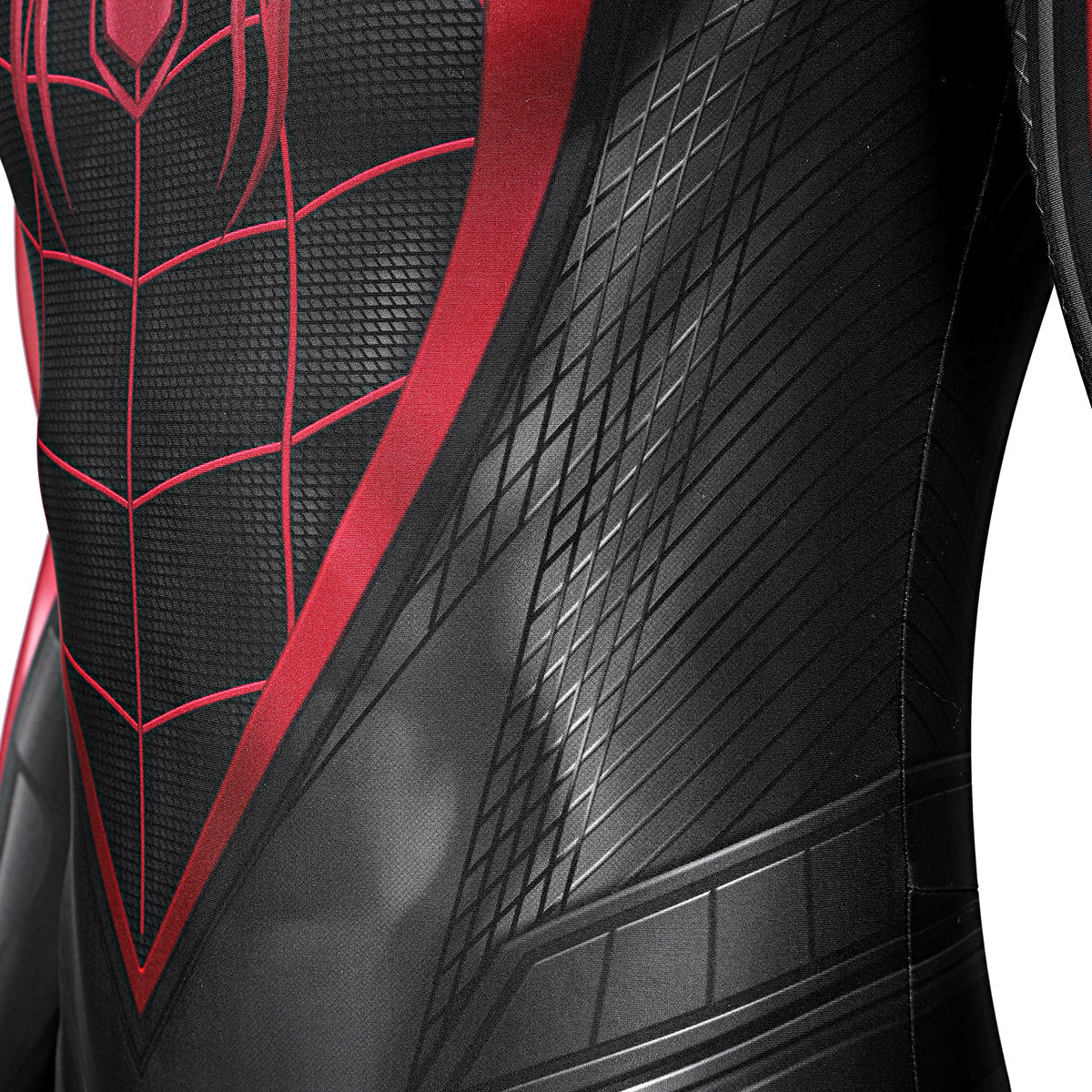 Side torso detail of the Miles Morales suit showing black diamond-patterned panels and a red border