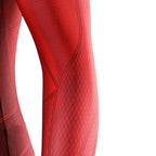 Scarlet Spider II sleeve close-up showing the red printed texture and curved dark panel outlines