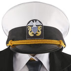 Close-up of the Enterprise white peaked cap with a black visor, gold-colored braided cord and eagle-and-shield badge