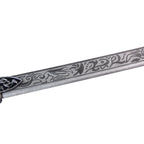 Close-up of the Lady Maria long blade showing dark flowing patterns against a silver-colored surface