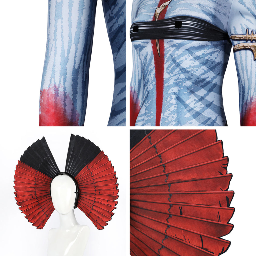 Varang costume close-ups showing blue sleeve stripes, red chest marking and the red-and-black fan-shaped headpiece