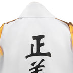 Upper back detail of the Aokiji Kuzan admiral coat showing the raised collar, epaulettes and black lettering