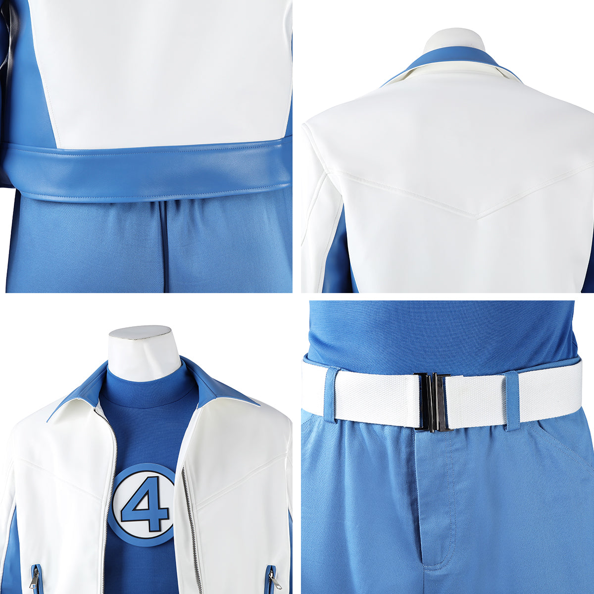 Mister Fantastic costume detail collage showing the jacket back, blue hem, open collar and white belt buckle