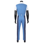 Rear view of the Human Torch blue top and trousers without the belt, showing the gathered waistband and white belt loops