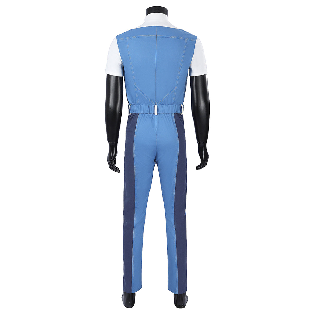 Rear view of the Human Torch blue top and trousers without the belt, showing the gathered waistband and white belt loops