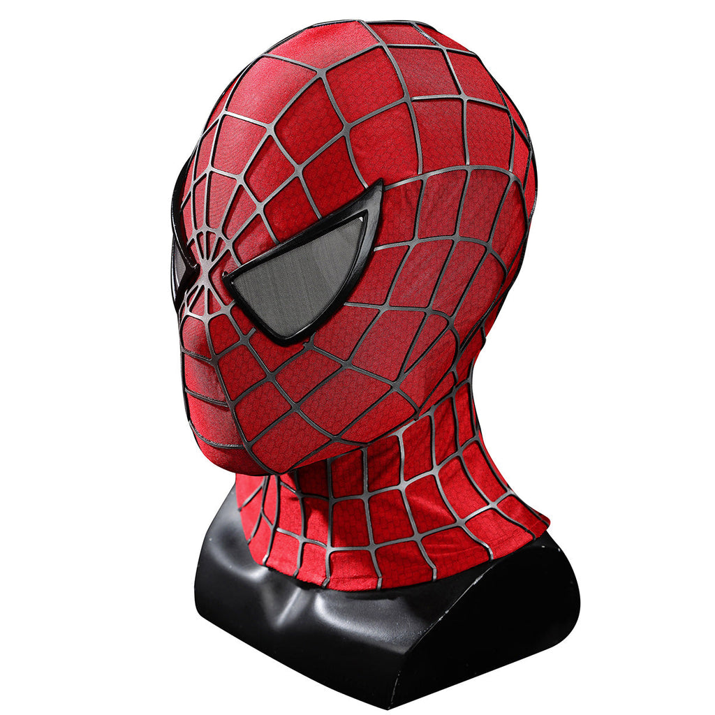 Three-quarter view of the Tobey Maguire Spider-Man mask showing the eye frame and raised web pattern