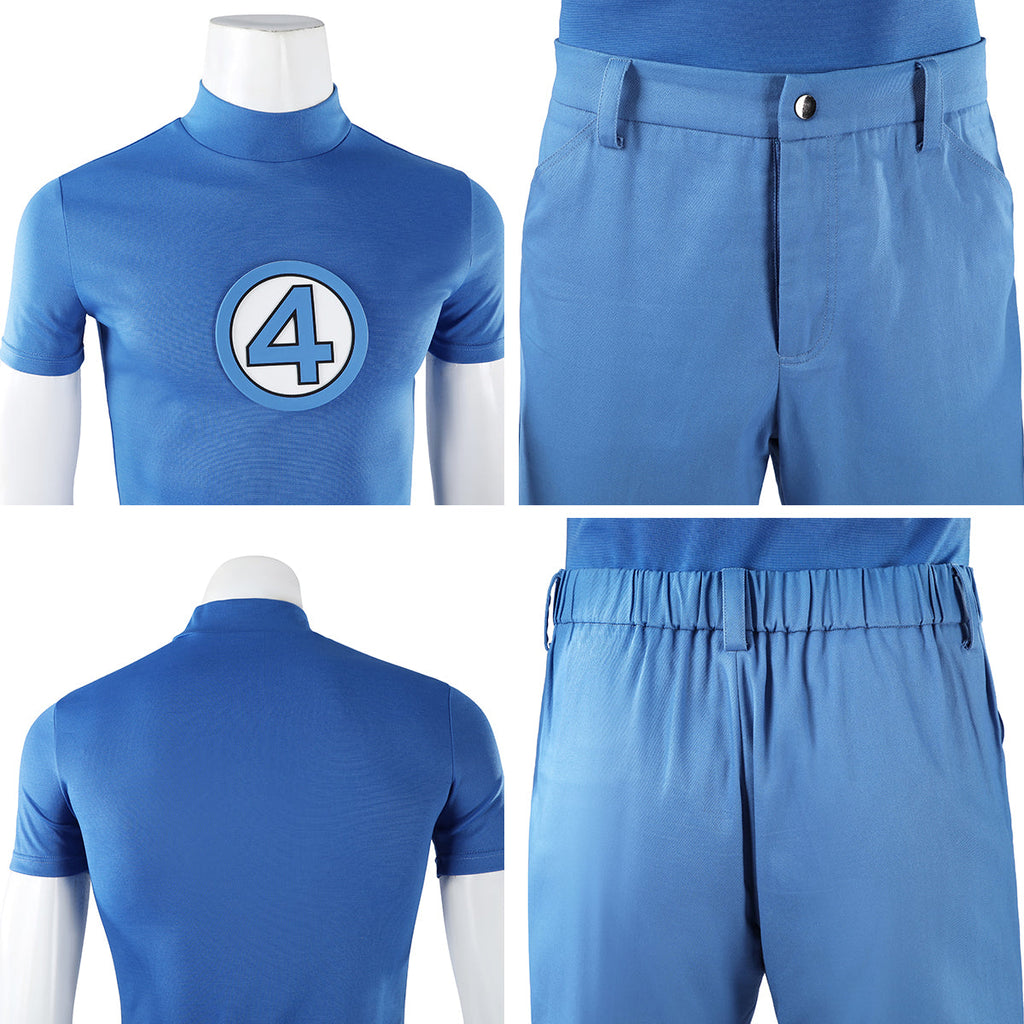 Mister Fantastic top and trouser close-ups showing the number 4 emblem, front button and gathered back waistband