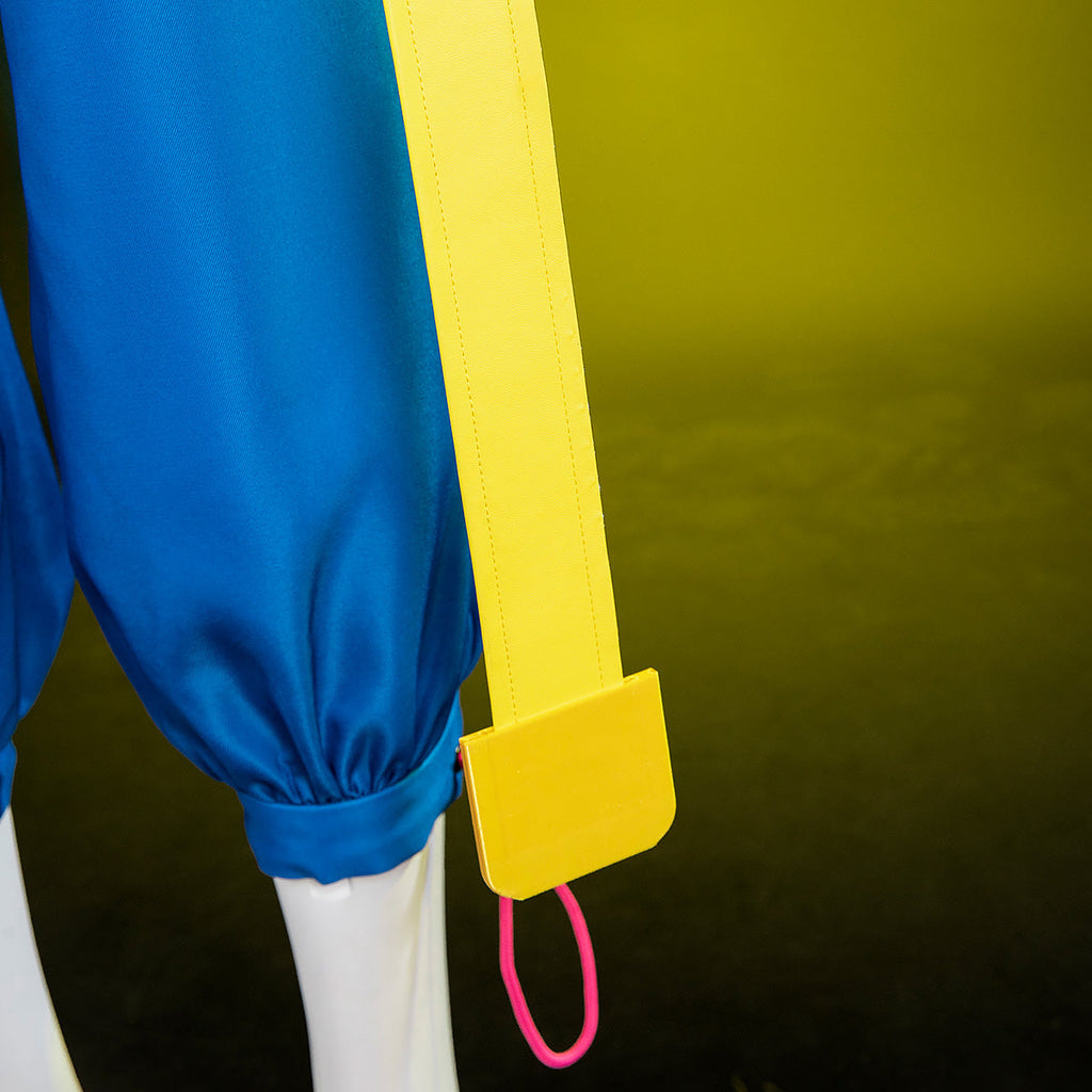 Close-up of the Jubilee yellow strap end beside the gathered blue trouser cuff and pink cord loop