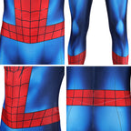 Peter Parker cosplay bodysuit close-ups showing the red waist pattern, blue panels and leg stitching