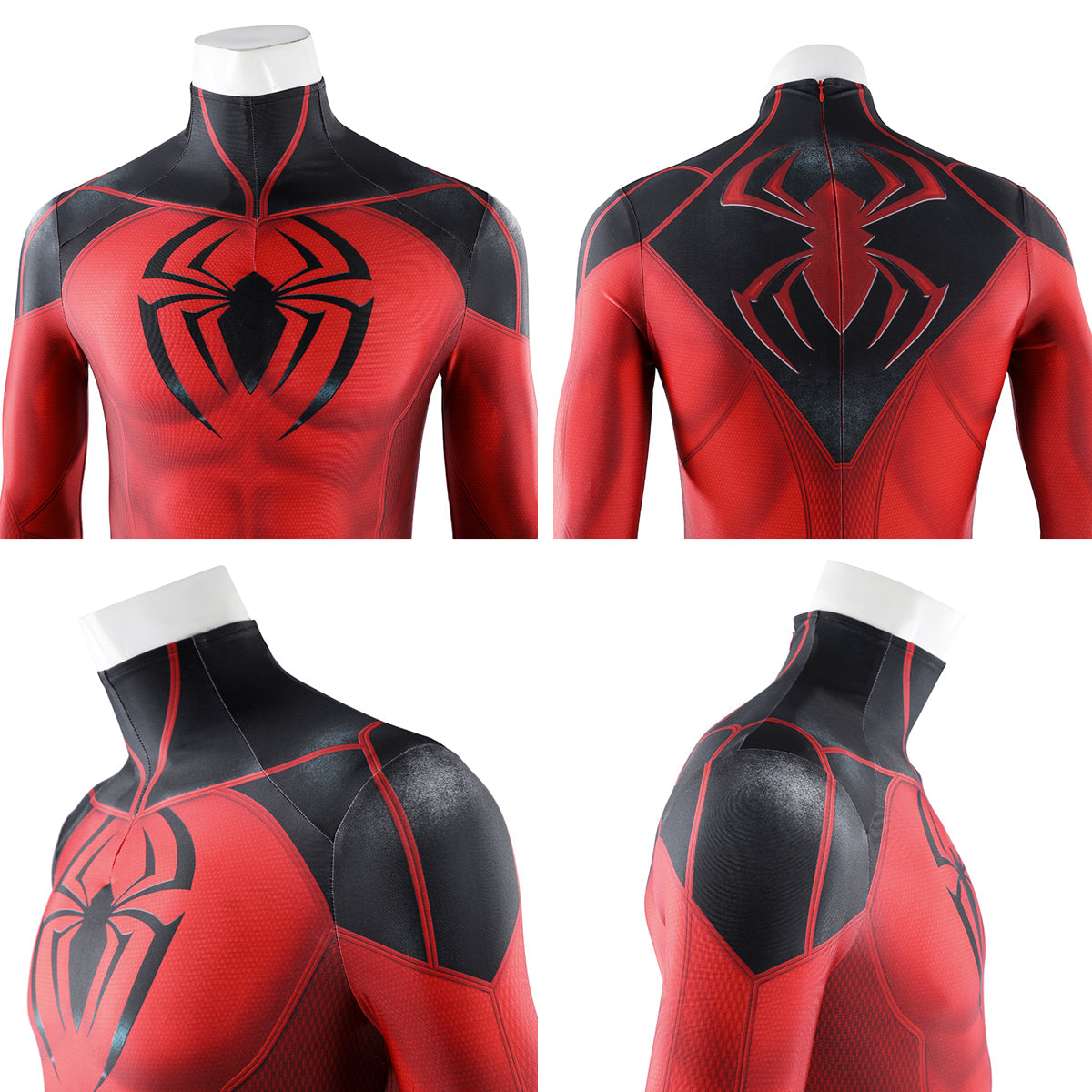 Scarlet Spider II costume detail collage showing the chest spider, back emblem, high collar and black shoulders