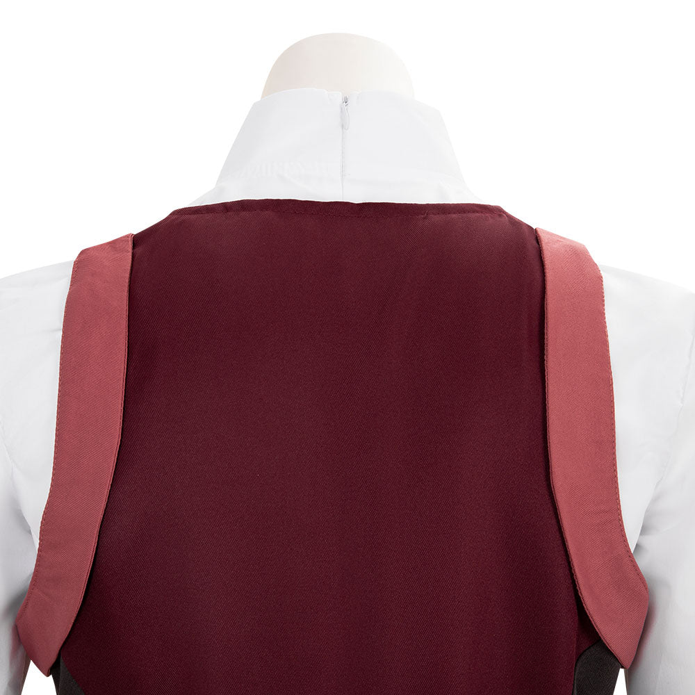 Falco costume upper-back detail showing the white collar zipper and burgundy vest between the shoulder straps