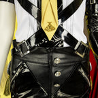 Close-up of the Evelyn Chevalier waist showing crossed buckled straps, moth tie ornament, buttons and slanted zippers