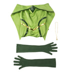 Keyleth green evening dress, long dark green gloves and gold-colored necklace laid out separately