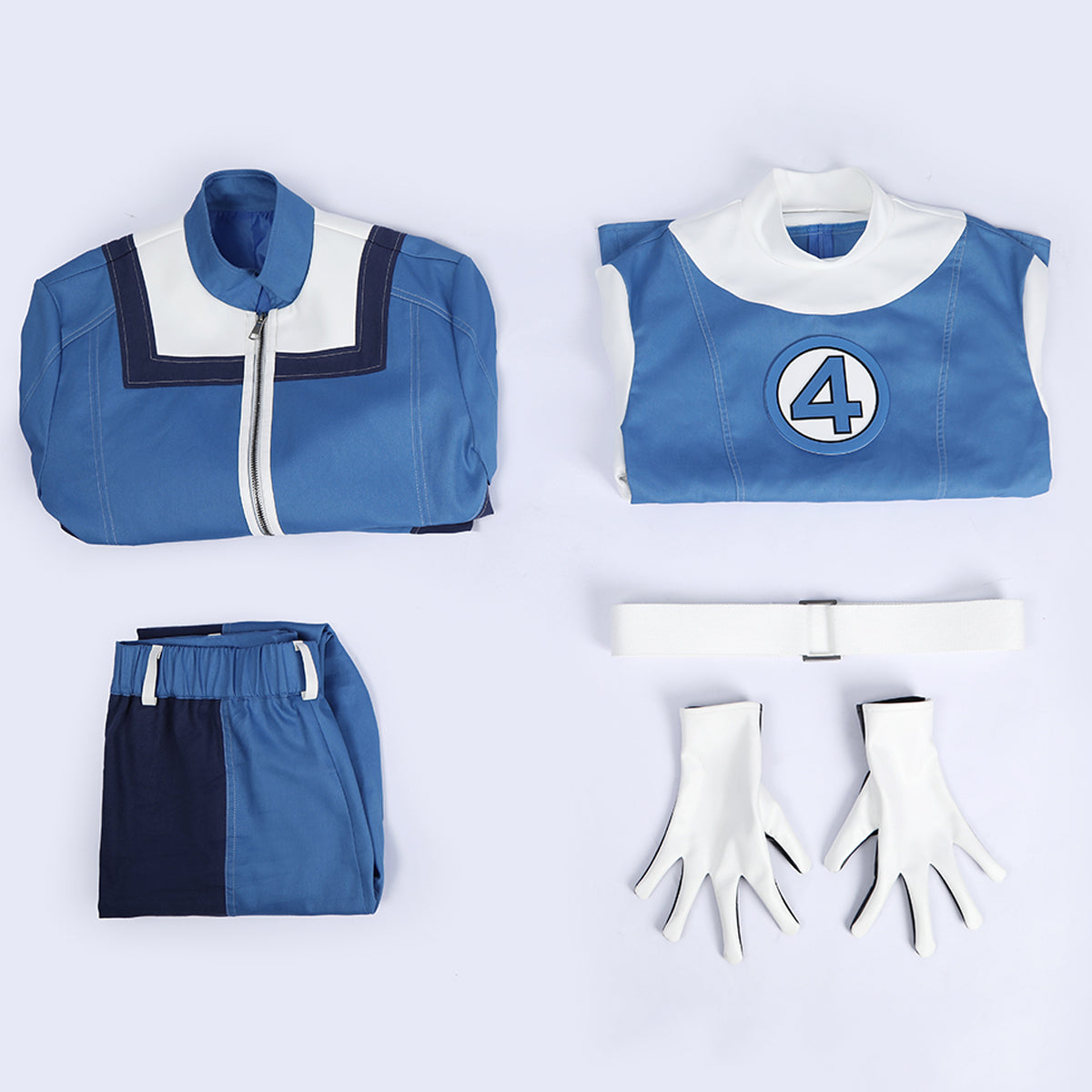 Human Torch blue jacket, number 4 top, trousers, white belt and gloves laid out separately