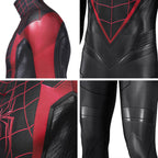 Miles Morales costume detail collage showing shoulder panels, red chest edging, waist and knee markings