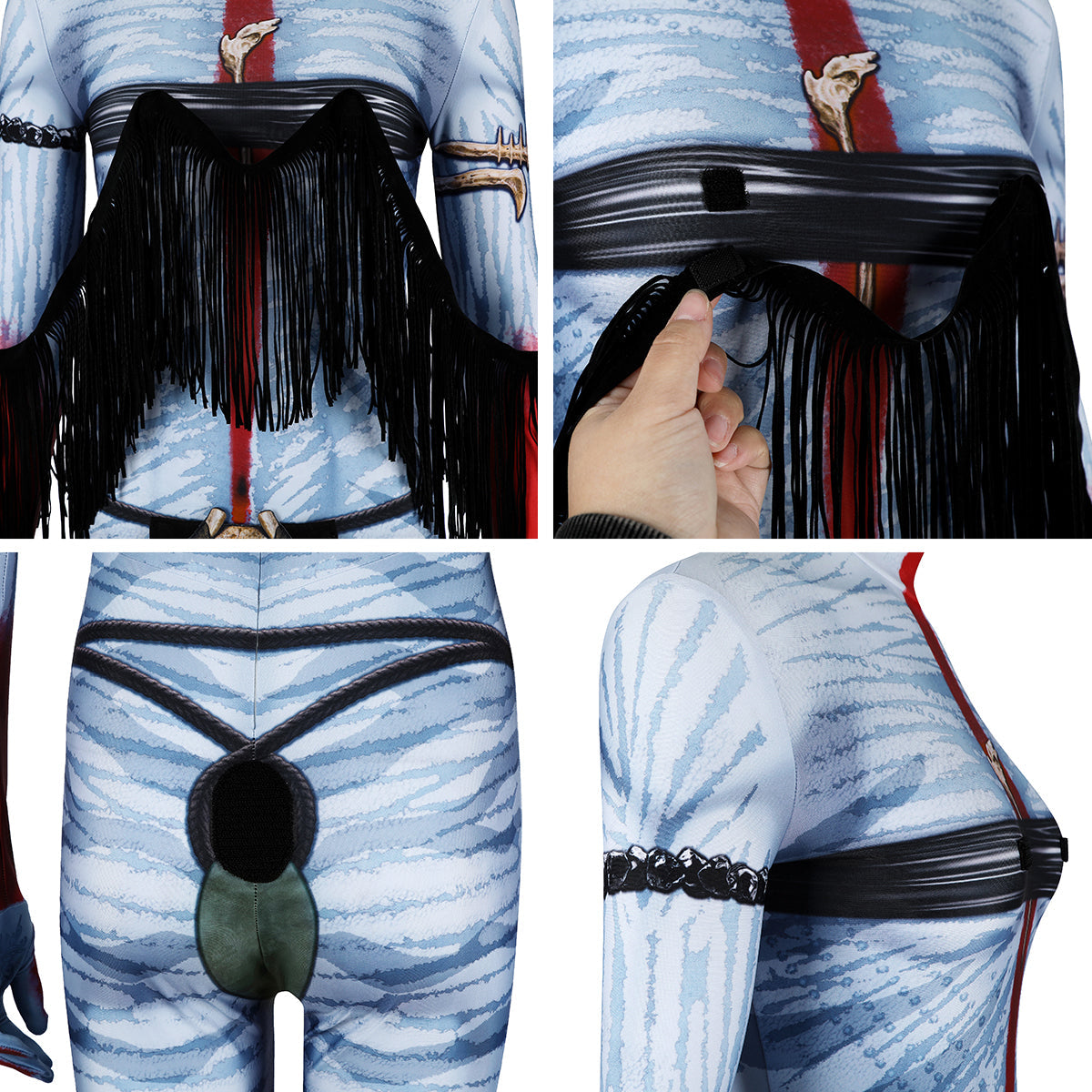 Varang costume details showing the removable chest fringe, circular tail attachment area and printed upper-arm band