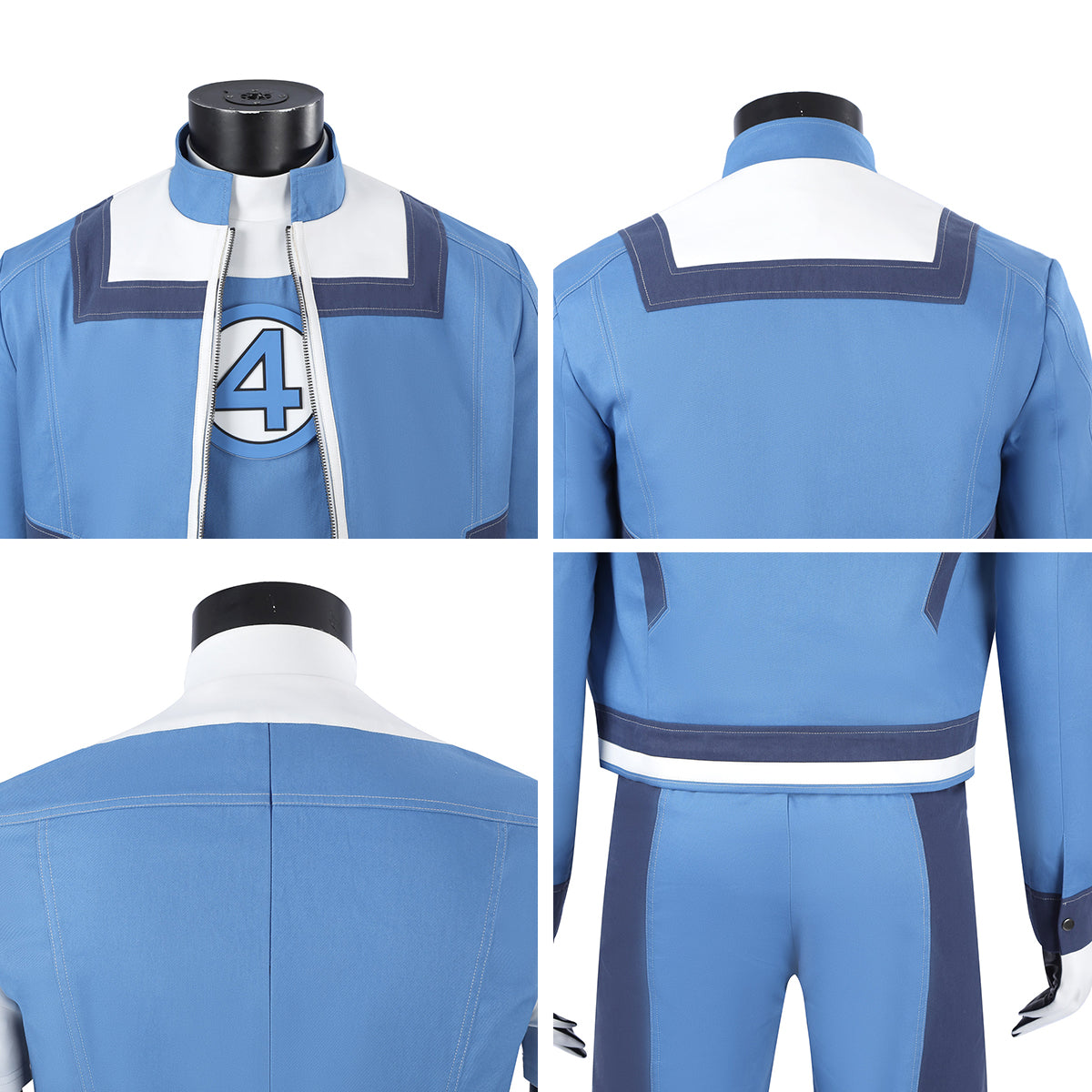 Human Torch costume detail collage showing the jacket neckline, back yoke, top back seam and jacket hem