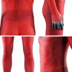 Scarlet Spider II jumpsuit detail collage showing the waist print, black glove fingers, legs and side torso