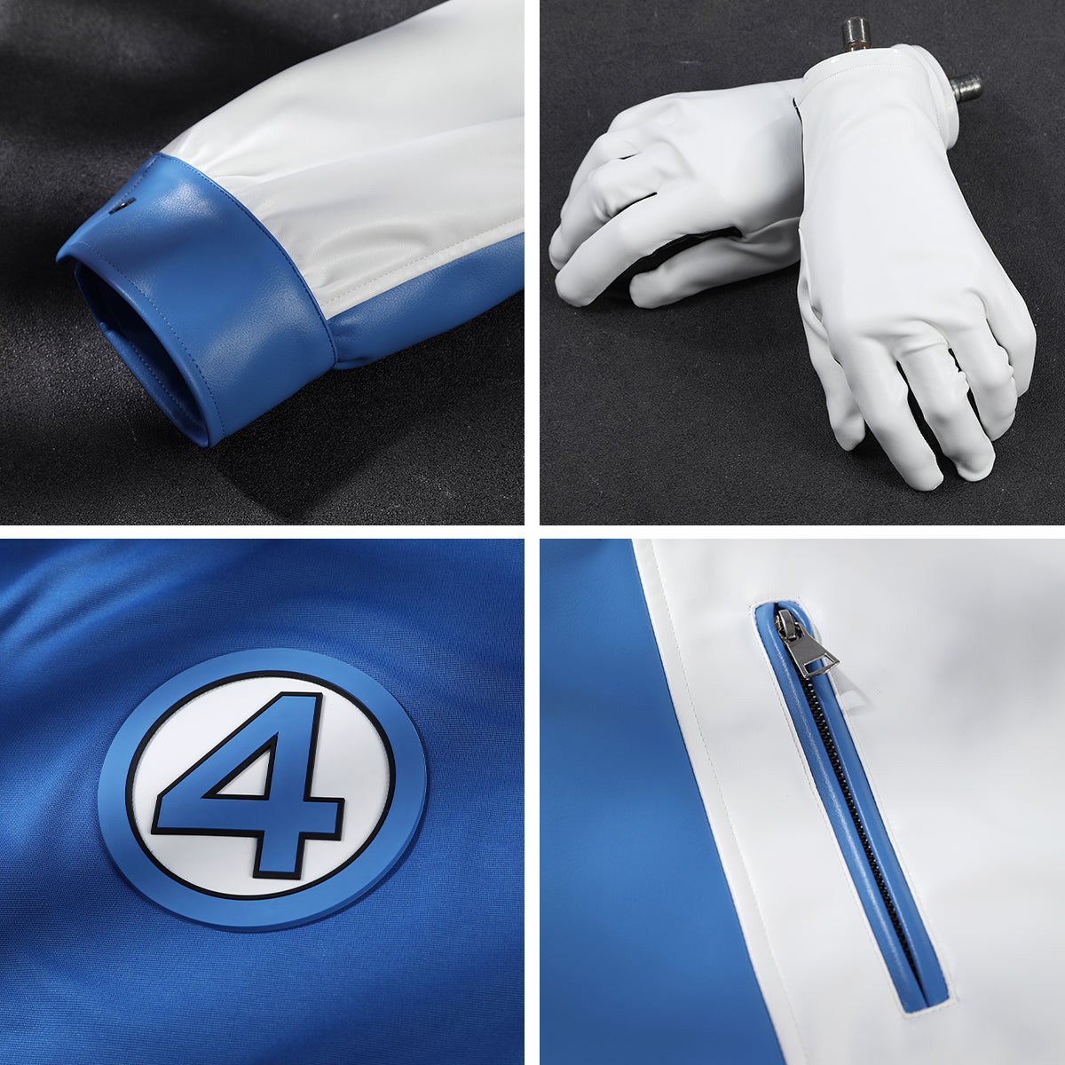 Mister Fantastic costume close-ups showing the blue jacket cuff, white gloves, number 4 emblem and zipped pocket
