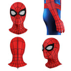 Spider-Man: Brand New Day mask front, side and rear zipper views alongside a web-patterned glove detail