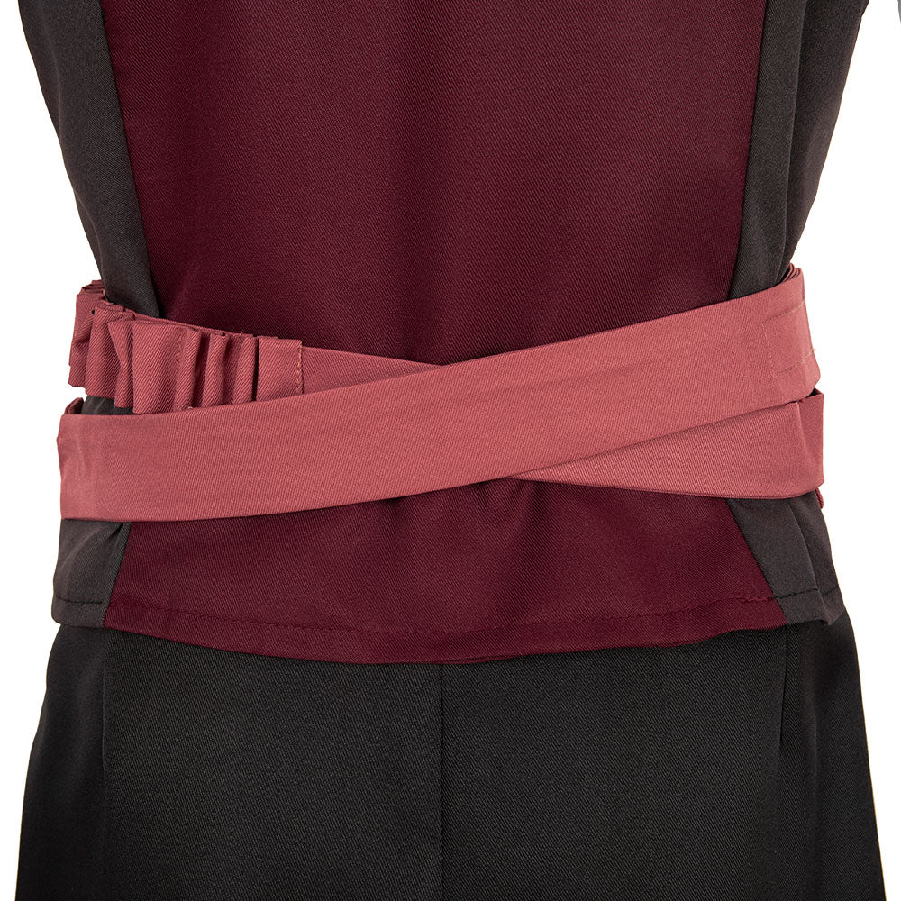 Close-up of the crossed pink straps at the back of the Falco costume waist