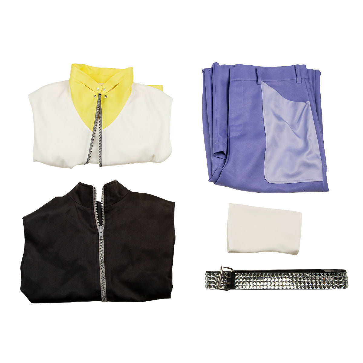 Riku cosplay costume pieces laid out separately: white and yellow vest, black top, purple trousers, white cuff and belt