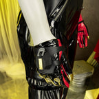 Evelyn Chevalier short glove detail showing black-and-red panels, gold finger ornaments and a strapped hand plate