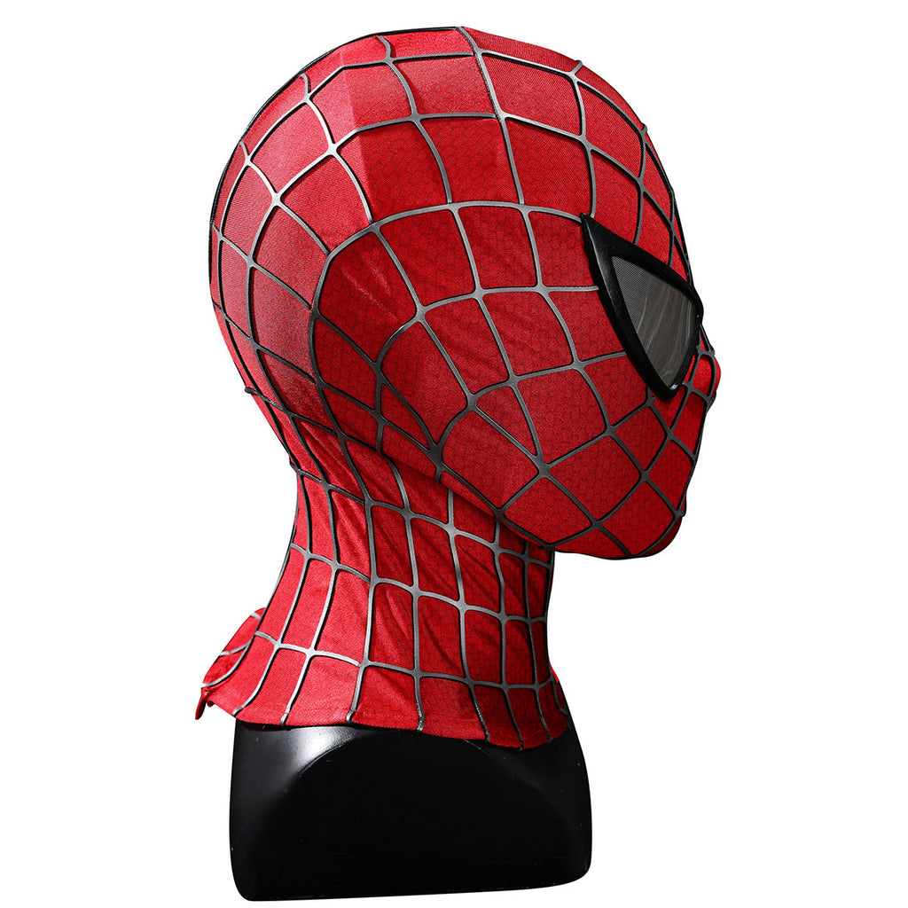Side profile of the 2002 Spider-Man mask showing the red surface and raised gray web lines