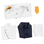 Aokiji Kuzan white coat, vest, trousers, navy shirt and yellow tie folded and displayed separately