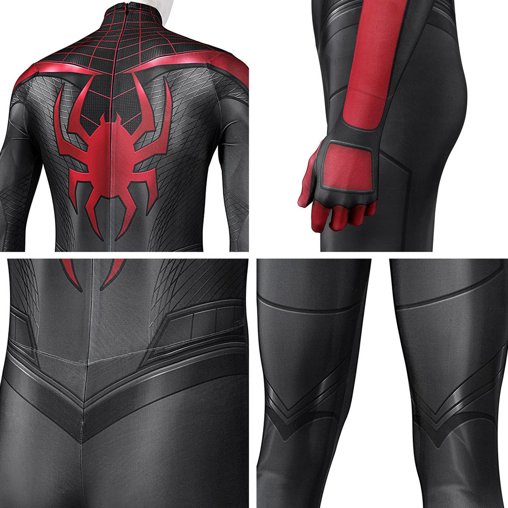 Miles Morales suit close-ups showing the red back spider, glove, rear waist and back leg panels