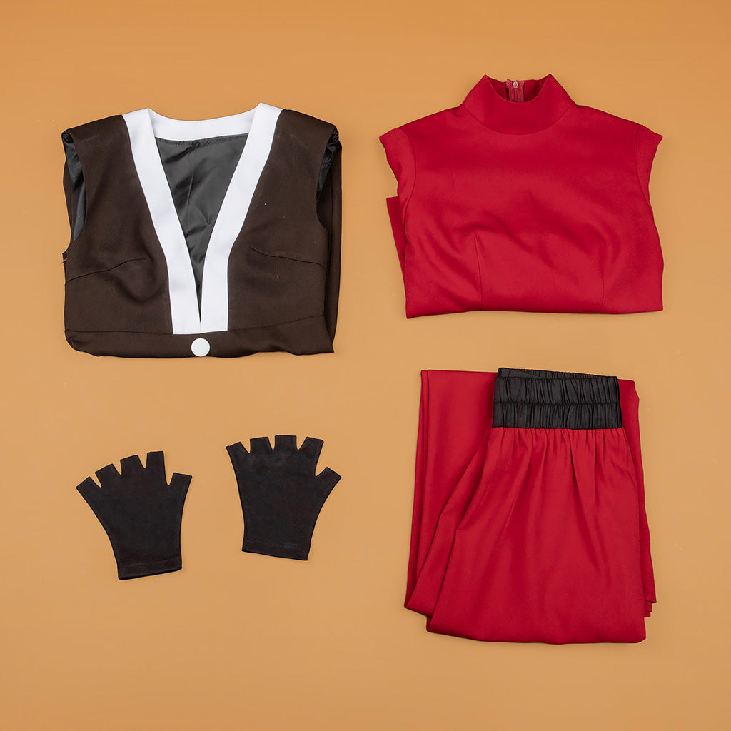 Mai dark outer layer, red high-neck top, red trousers and black fingerless gloves laid out separately