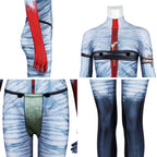 Varang bodysuit close-ups showing the red glove, printed chest band, green front panel and dark blue lower legs