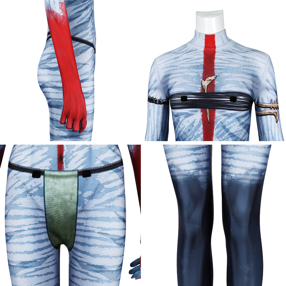 Varang bodysuit close-ups showing the red glove, printed chest band, green front panel and dark blue lower legs