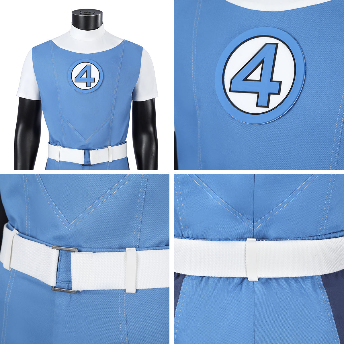Human Torch top detail collage showing the number 4 emblem, V-shaped stitching and white belt from front and back