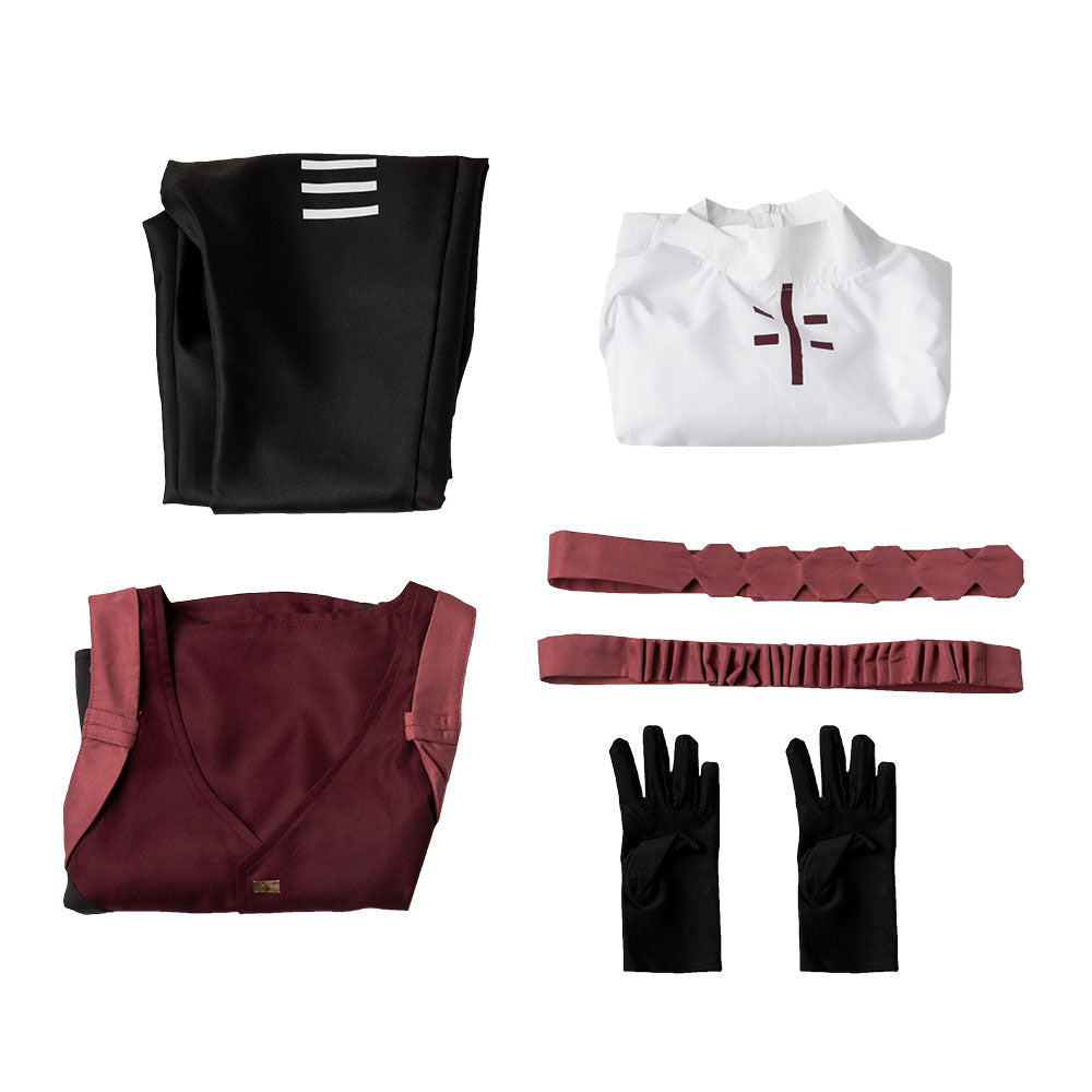 Falco white shirt, burgundy vest, black trousers, pink waist straps and black gloves laid out separately