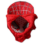 Inside view of the 2002 Spider-Man mask with the zipper open, showing a perforated inner shell and eye pieces