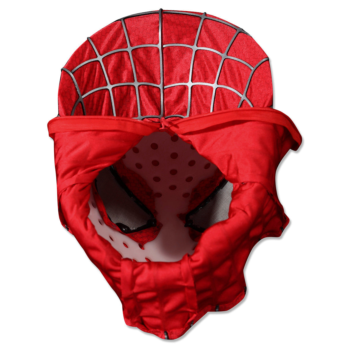 Inside view of the 2002 Spider-Man mask with the zipper open, showing a perforated inner shell and eye pieces