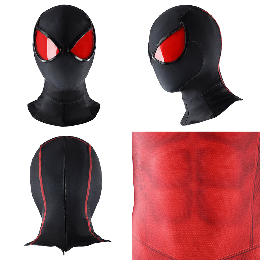 Scarlet Spider II black mask shown from front, side and back alongside a close-up of the red suit print