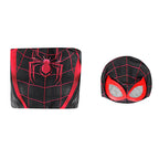 Spider-Man 2 Miles Morales black and red jumpsuit folded beside its matching mask