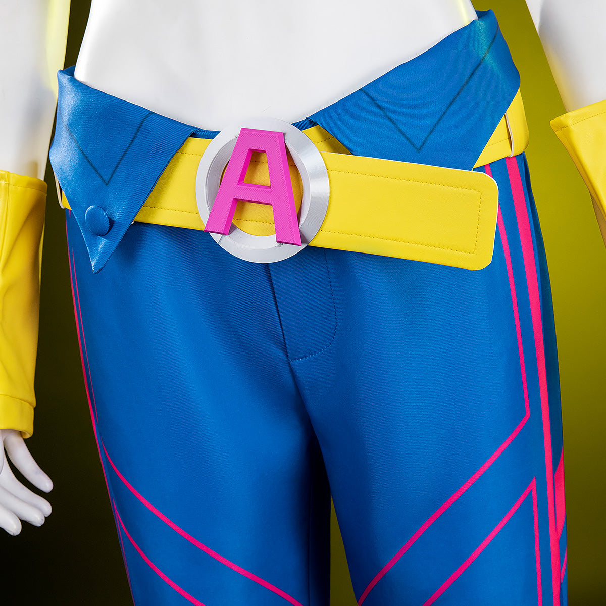 Front waist view of the Jubilee costume showing the yellow belt, pink A buckle and pink trouser stripes
